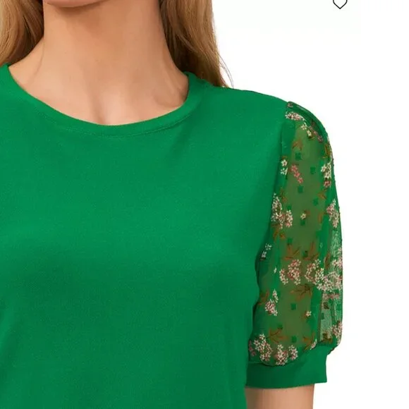 CeCe Green Mixed Media Green Top with Sheer Flower Sleeves - Picture 2 of 7